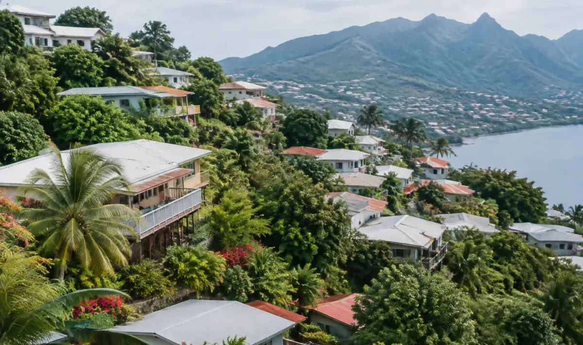 Vue aerienne de maisons serrees sur une colline tahitienne