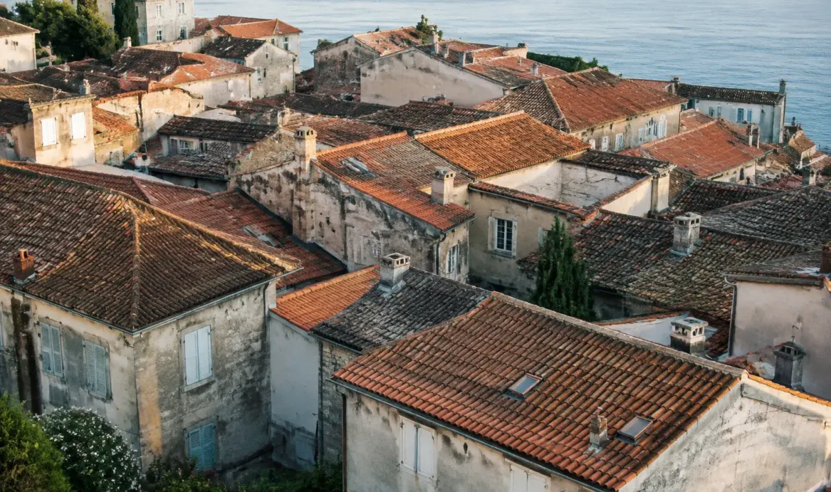 Vue aerienne de maisons aux toits de tuiles rouges