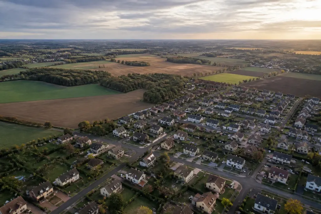 Vue aerienne de quartiers pavillonnaires et champs agricoles